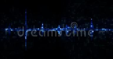 黑色背景上的蓝色数字均衡器音频频谱声波，垂直立体声效果信号